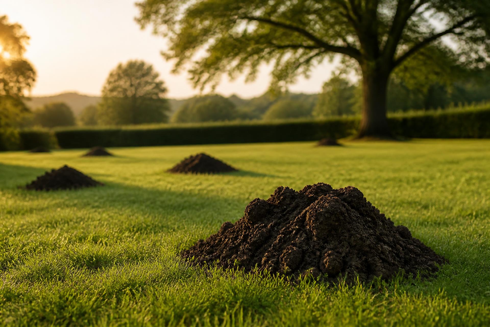 A neat English lawn at golden hour with fresh molehills of dark soil